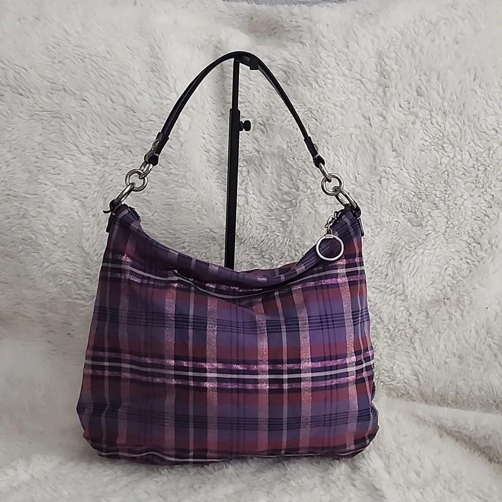 Coach Poppy Purple Tartan Metallic Shoulder Bag Purse - Picture 4 of 16